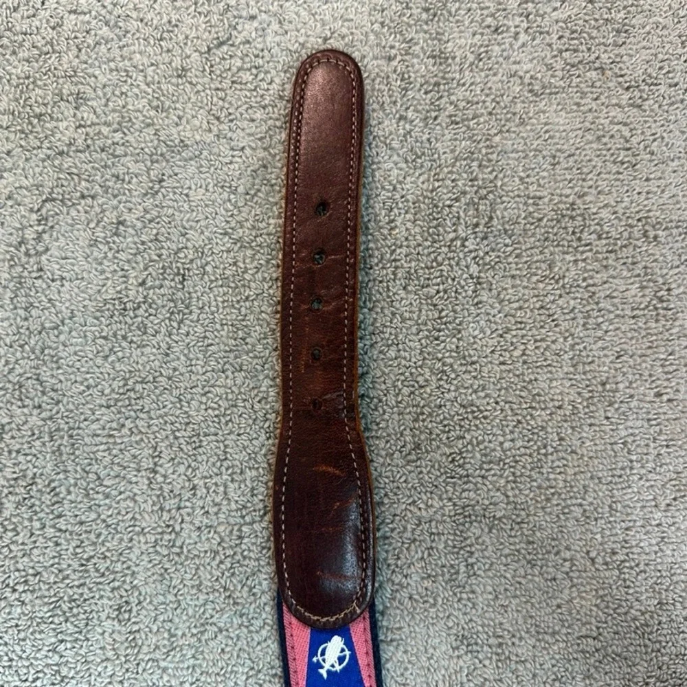 Preston New England Mens 34 Nautical Yacht Flag Surcingle Belt Pink Navy Leather